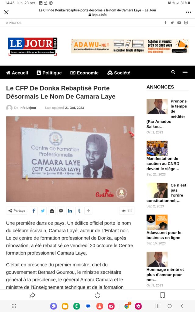 Le CFP De Donka Rebaptisé Porte Désormais Le Nom De Camara Laye